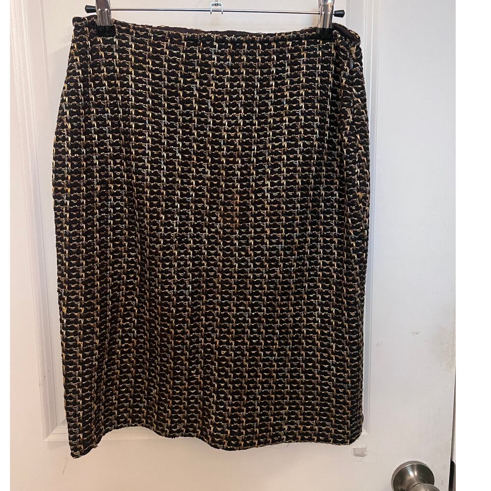 St. John Brown Gold Metallic Tweed Knit Pencil Skirt Sz 8 Quiet Luxury Old Money
